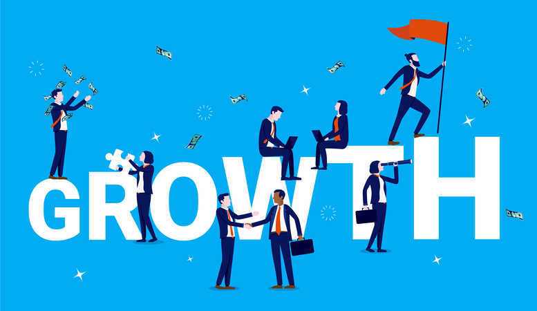 Growth - Business team working with various tasks, and the word growth is growing in background